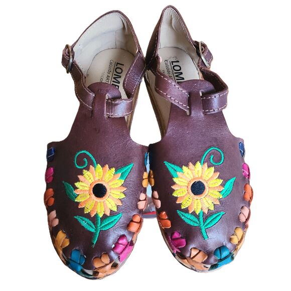 Lomeli Brown Leather Embroidered Mary Jane Sandals US 7 Sunflower Boho Bohemian - Picture 1 of 8
